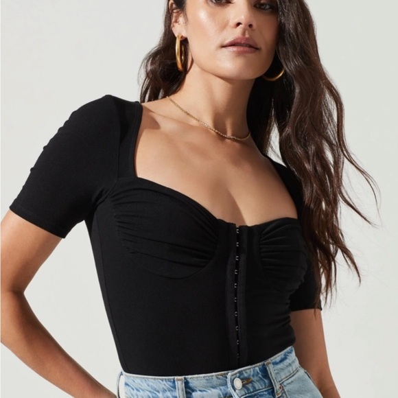 Astr | Black Hook & Eye Bodice Short Sleeve Bodysuit | Sz S - Picture 2 of 11